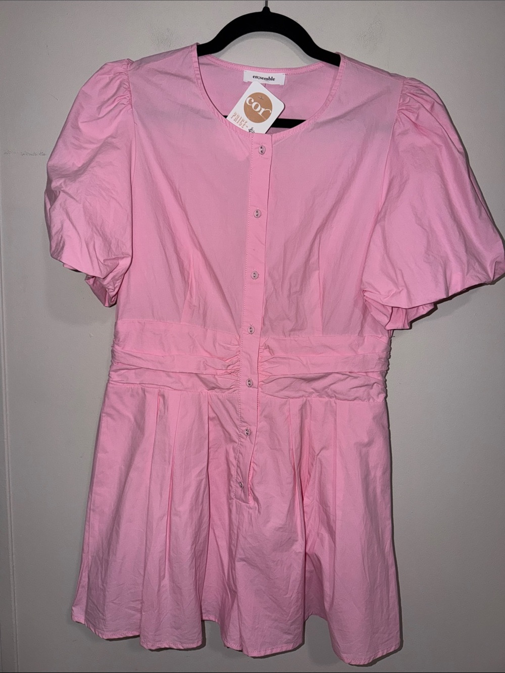 Light Pink Puff-Sleeve Romper with Button Front and Ruched Waist
